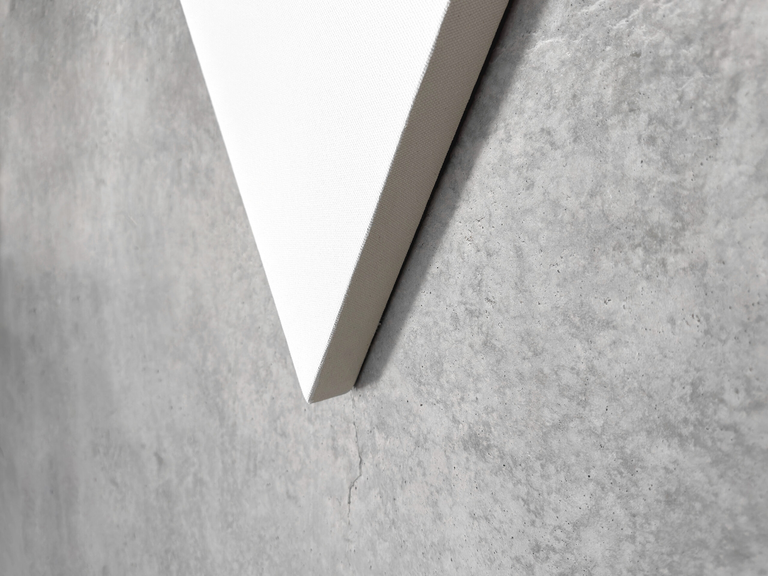 Macro close-up showing the precise corner angle and canvas texture of Jean-Charles Kien's white geometric painting
