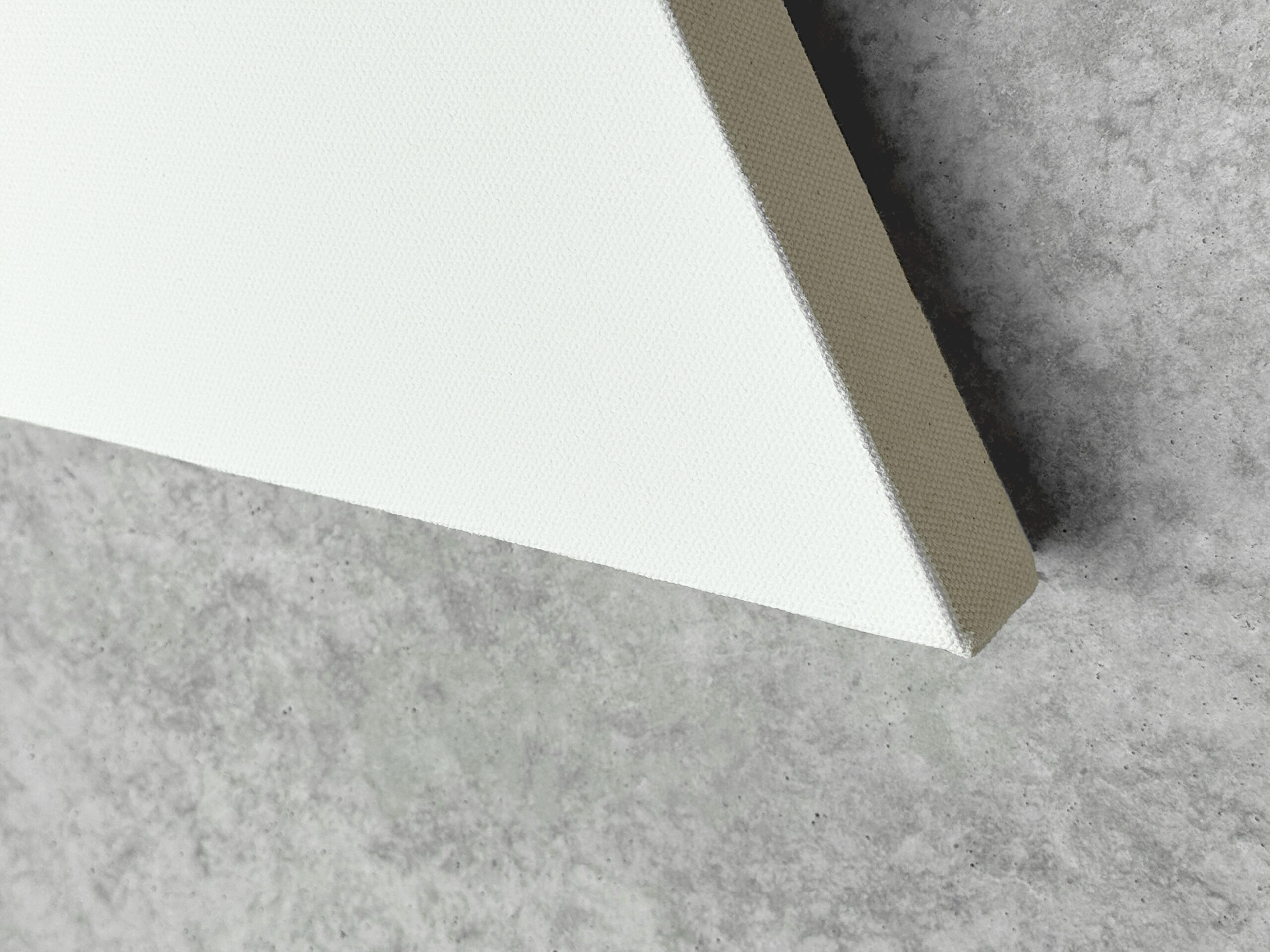 Close-up detail of the canvas texture and sharp edge of Jean-Charles Kien's white monochrome geometric painting