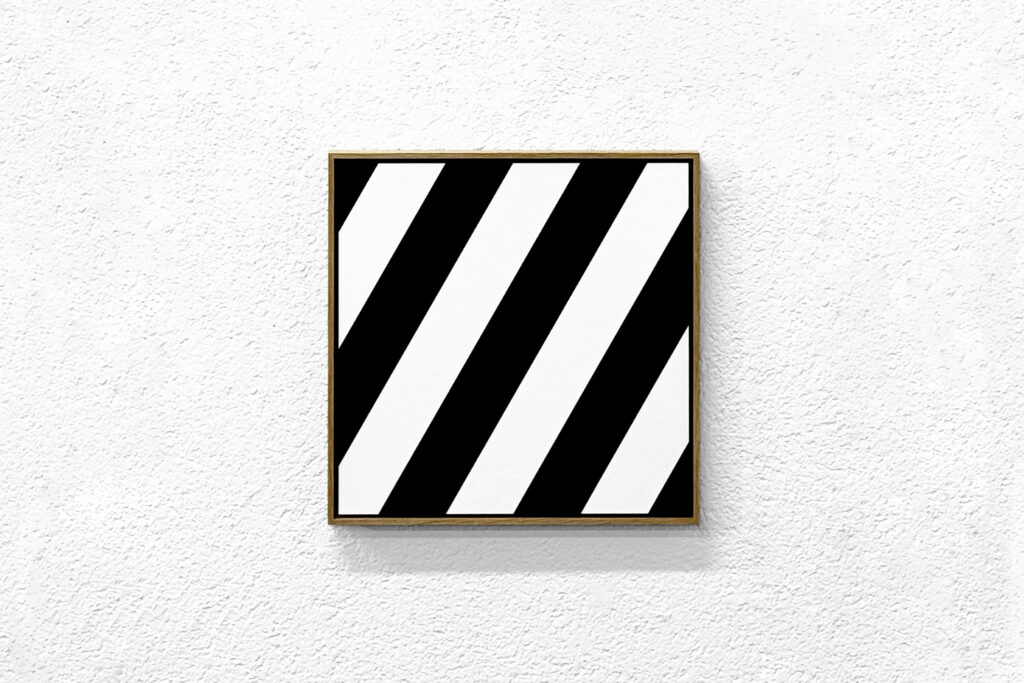 Square geometric abstract painting by Jean-Charles Kien, black and white diagonal bands, 0,0,0 portfolio.