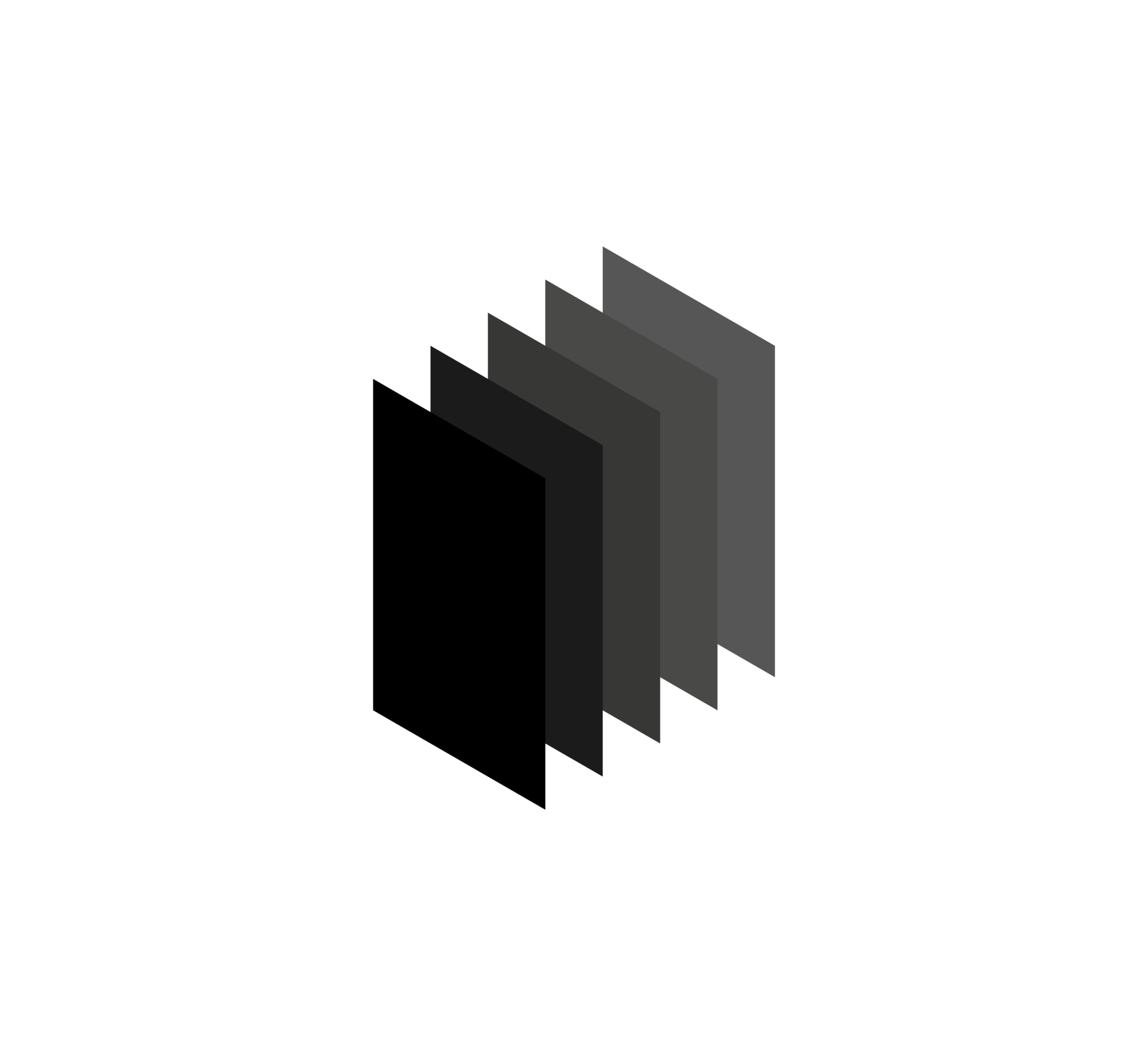 Artwork ISGP from the Isometric Study of Gray Planes series displayed on a square white canvas, featuring six overlapping rectangular planes in isometric perspective shifting from black to medium gray