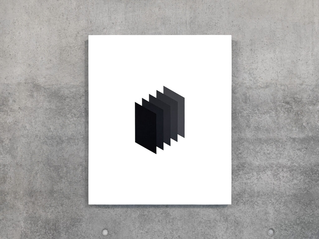 Artwork ISGP from the Isometric Study of Gray Planes series displayed on a square white canvas over a raw concrete wall background, featuring six overlapping rectangular planes in isometric perspective shifting from black to medium gray