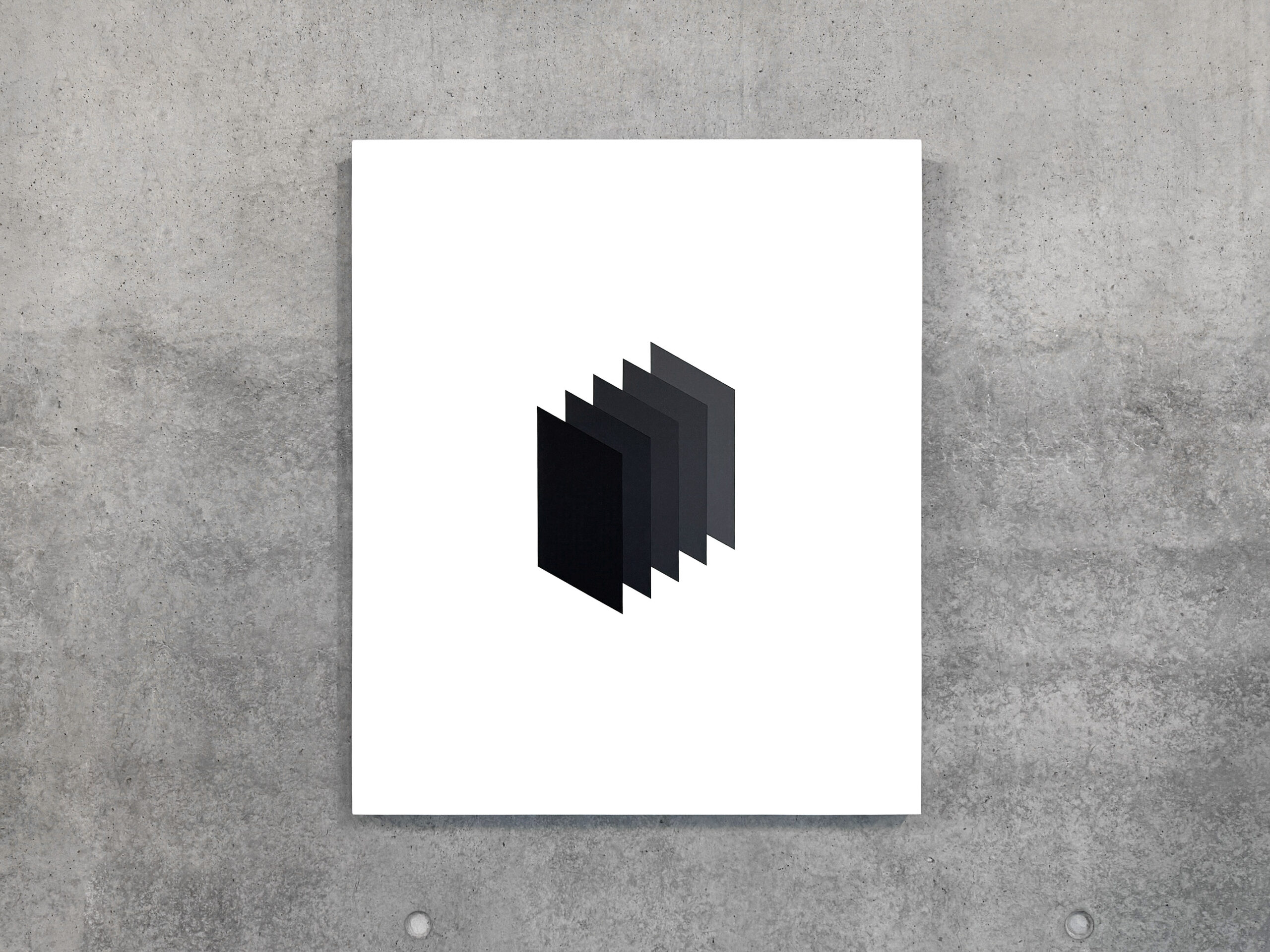 Artwork ISGP from the Isometric Study of Gray Planes series displayed on a square white canvas over a raw concrete wall background, featuring six overlapping rectangular planes in isometric perspective shifting from black to medium gray