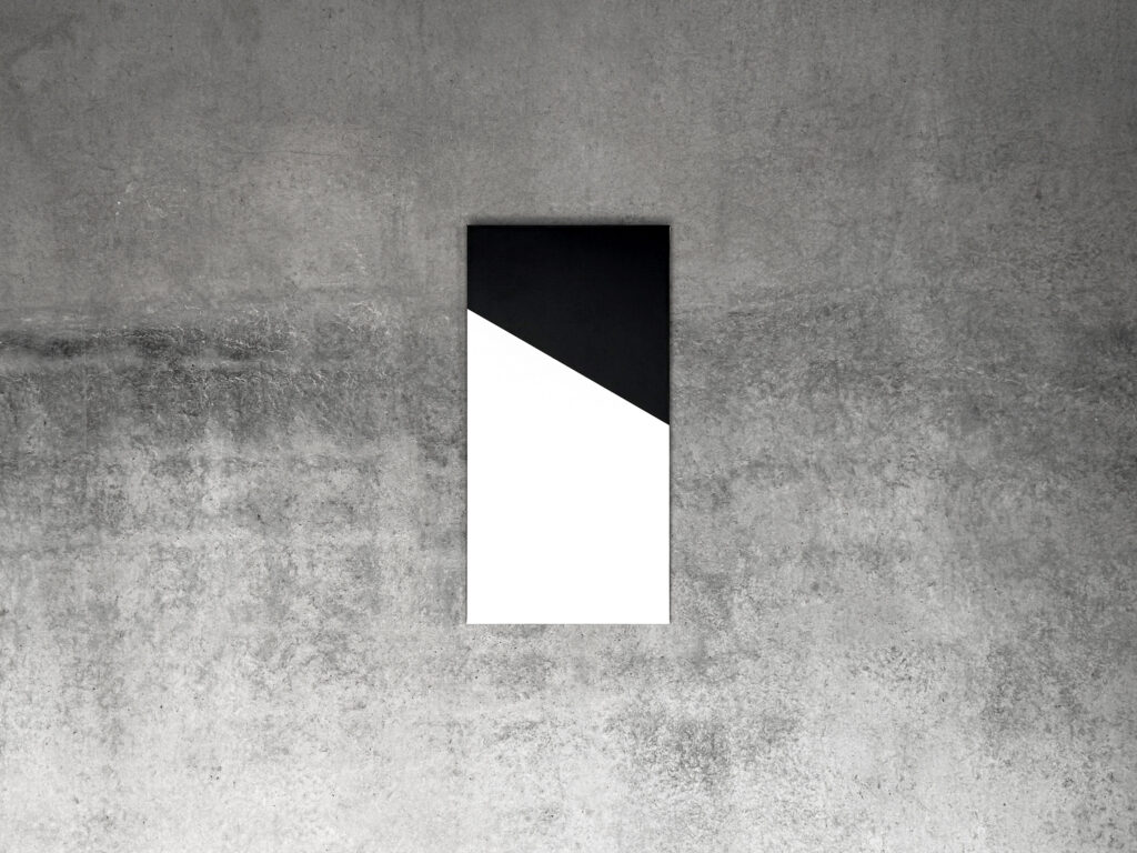 Vertical geometric black and white painting by Jean-Charles Kien on a raw concrete background.