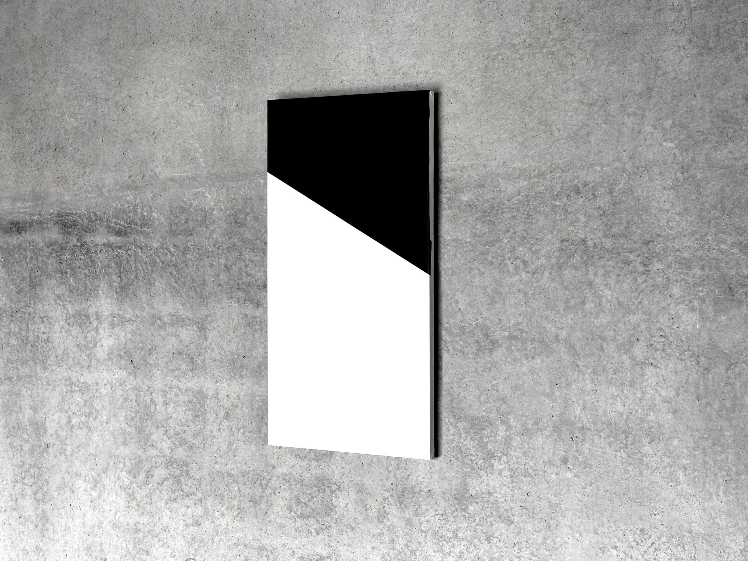 Perspective view of a vertical black and white geometric painting by Jean-Charles Kien.